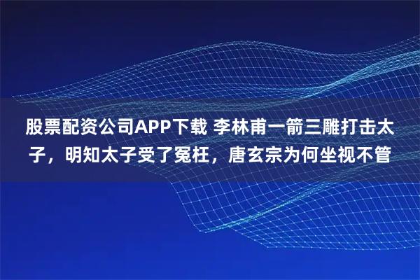 股票配资公司APP下载 李林甫一箭三雕打击太子，明知太子受了冤枉，唐玄宗为何坐视不管